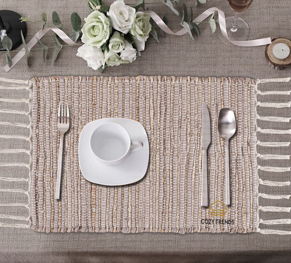 100% Cotton Placemats Farmhouse Woven Fabric for Dining Room Rectangle Set of 6 | 14''x20''| Heat Resistant | Washable | Durable with Tassel