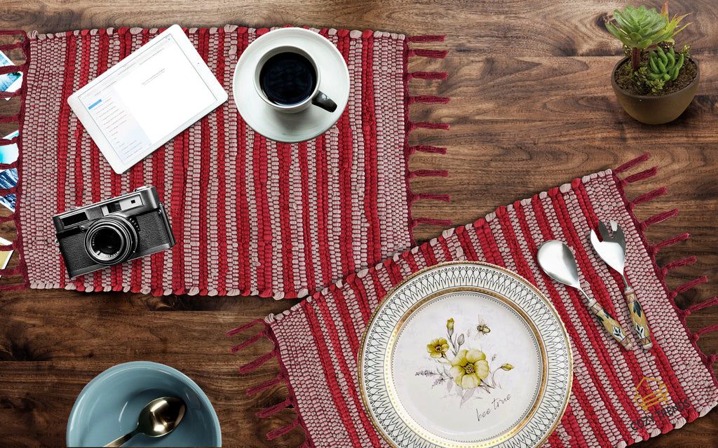 100% Cotton Placemats Farmhouse Woven Fabric for Dining Room Rectangle Set of 6 | 14''x20''| Heat Resistant | Washable | Durable with Tassel