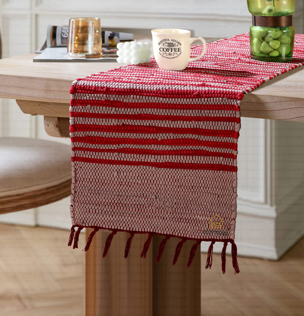 Table Runner |Handmade Natural Cotton Chindi Tabletop Reversible & Machine Washable |  15"x72" | 15''x108"