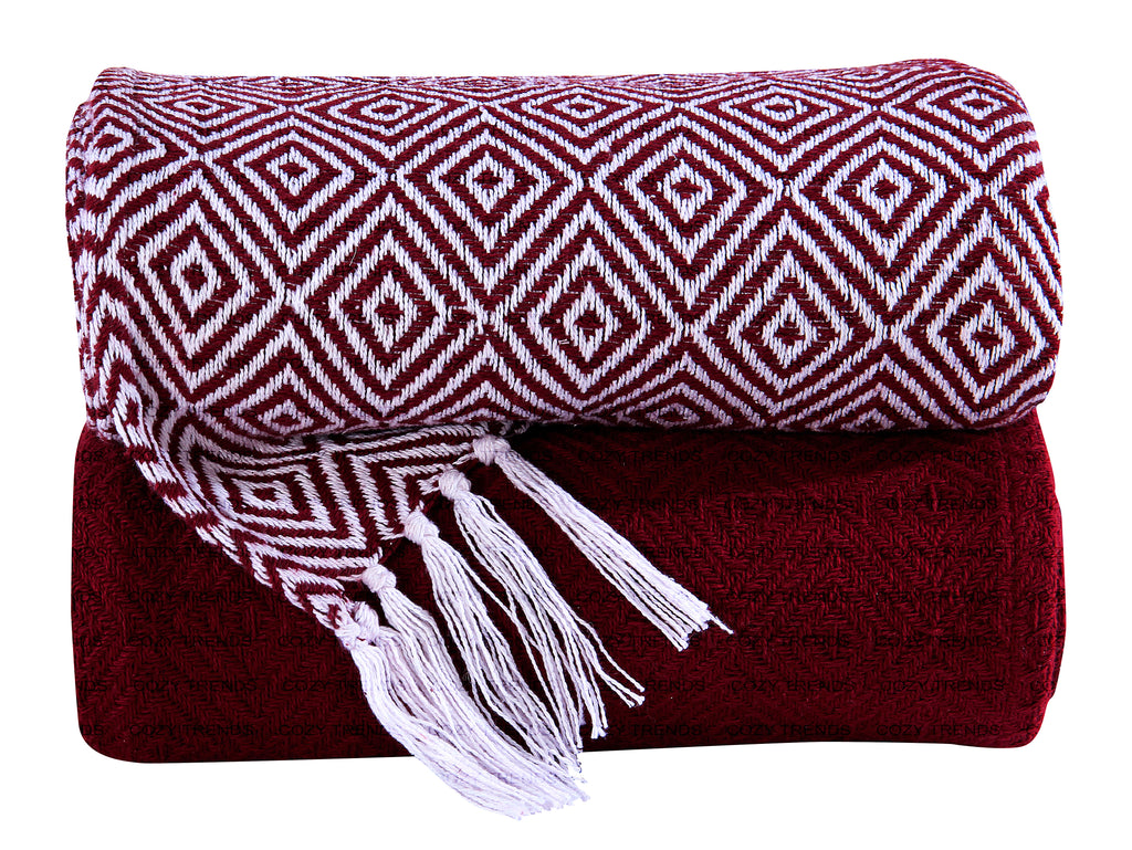 Hand Woven 100% Cotton All Season Couch Chair Bed Decorative Diamond Throw Blankets Set of 2