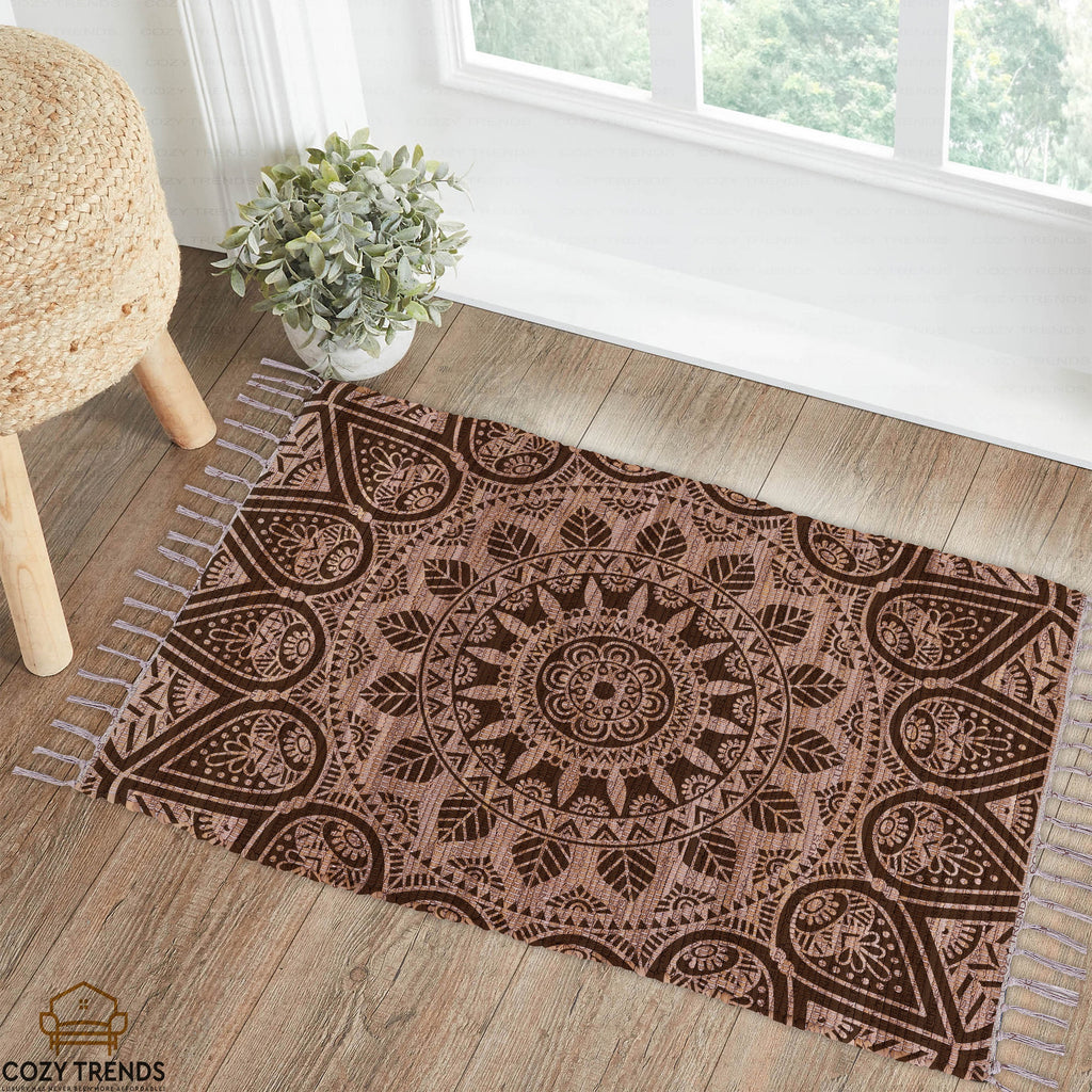 Cotton Printed Mandala Rag Rug 24''x36''- 2x3'- Multicolor Chindi Rug - Hand Woven Washable & Reversible for Living Room Kitchen Entryway Bedroom Rug Rag with Tassel
