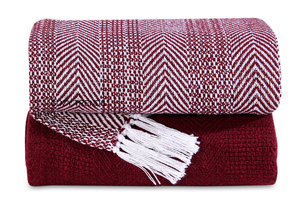 Hand Woven 100% Cotton All Season Soft Throw Blankets Herringbone 50''x60'' Set of 2