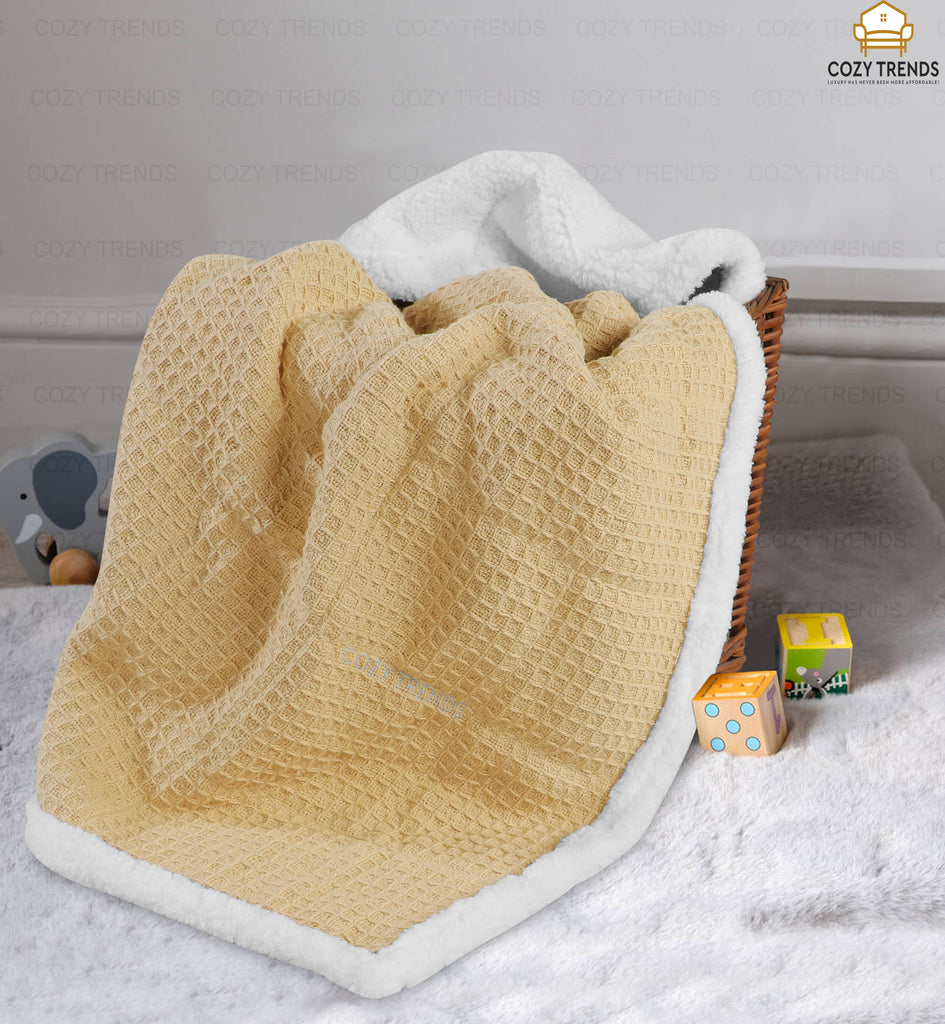 Luxurious Cotton Unisex Baby Blanket Waffle Weave with Sherpa Backing Soft Cozy 30''x40'' Receiving Crib Stroller Nap Blanket