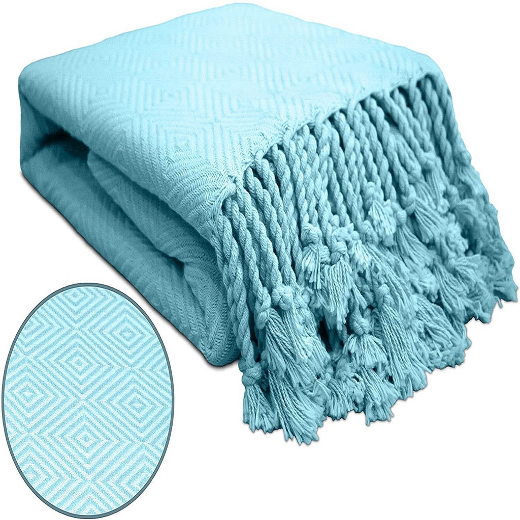 100% Ring Spun Cotton Diamond Throws Blankets Hand Woven with Fringe Super Soft