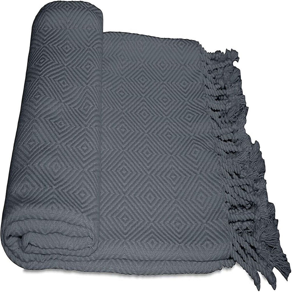 100% Ring Spun Cotton Diamond Throws Blankets Hand Woven with Fringe Super Soft