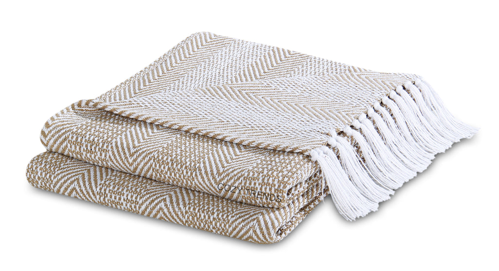 Hand Woven 100% Cotton All Season Soft Throw Blankets Herringbone 50''x60'' Set of 2