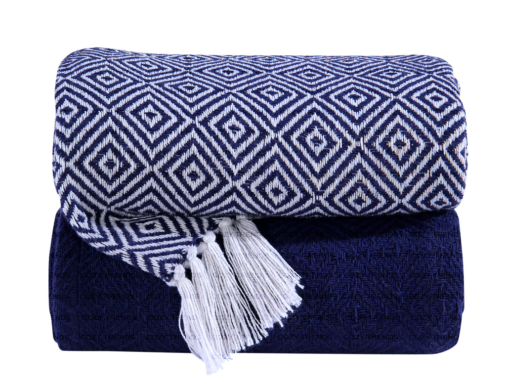 Hand Woven 100% Cotton All Season Couch Chair Bed Decorative Diamond Throw Blankets Set of 2