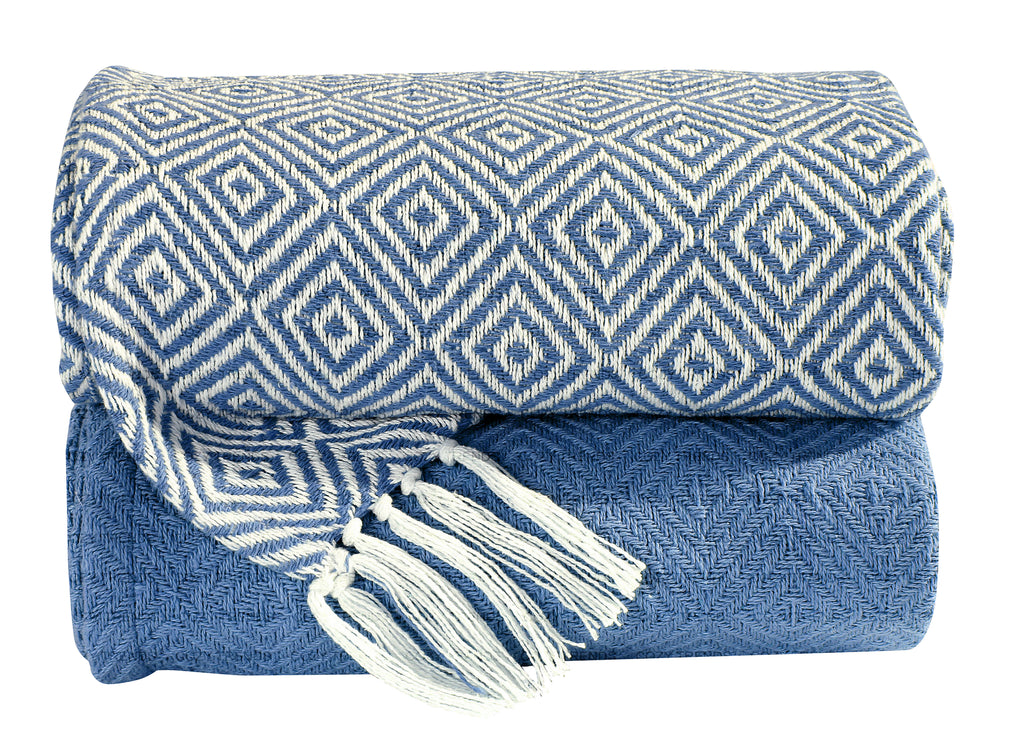 Hand Woven 100% Cotton All Season Couch Chair Bed Decorative Diamond Throw Blankets Set of 2