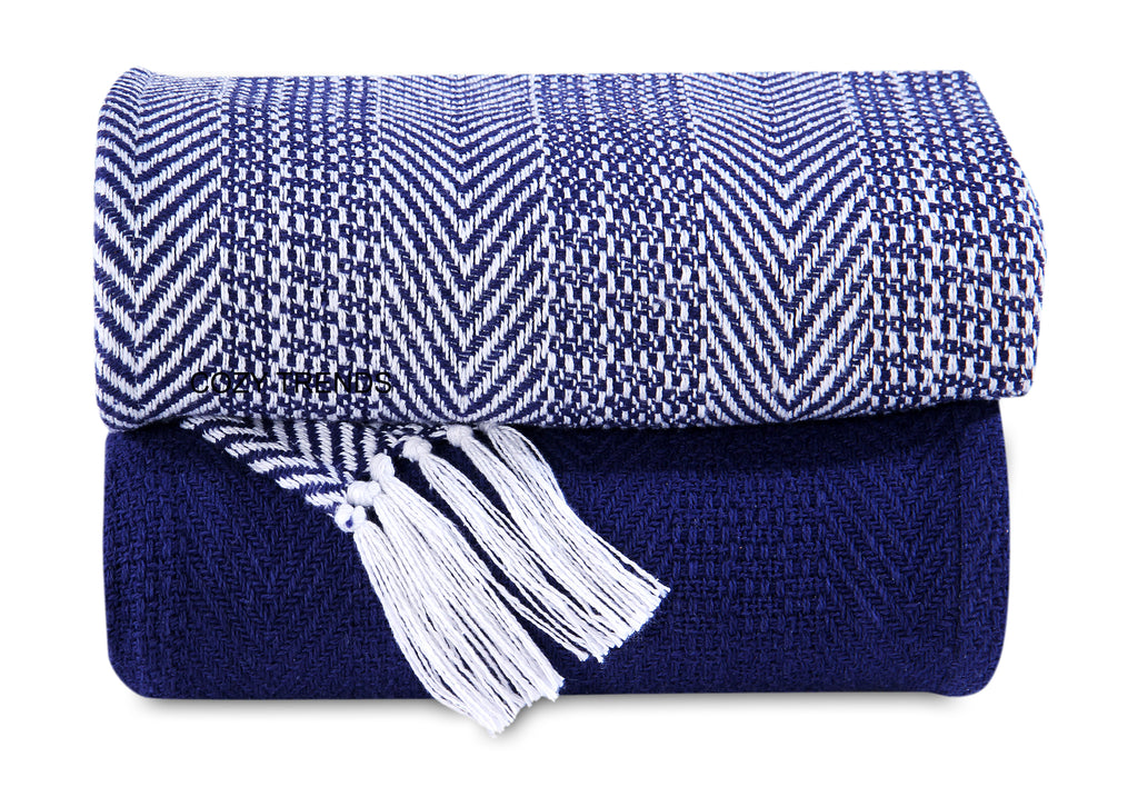 Hand Woven 100% Cotton All Season Soft Throw Blankets Herringbone 50''x60'' Set of 2