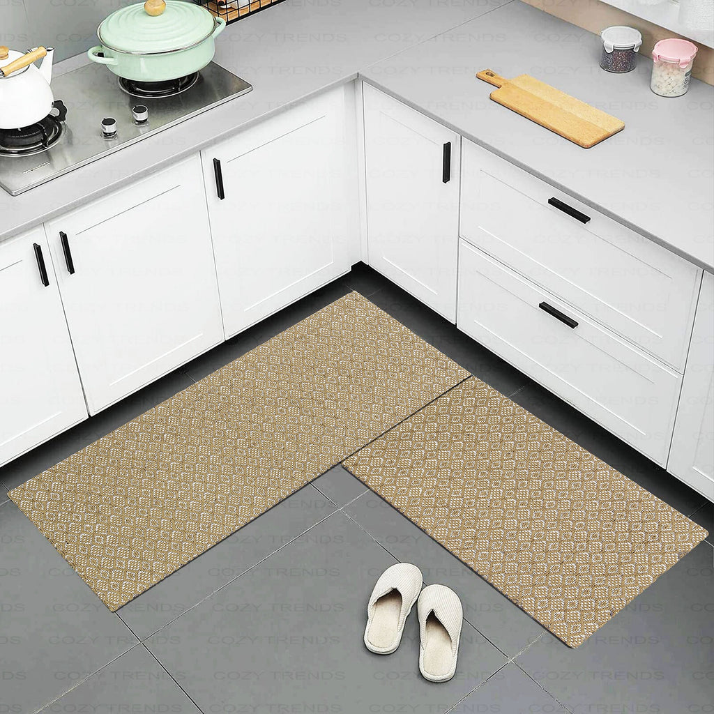 Hand Woven Kitchen Bath Mats [2 PCS] Cushioned Cotton Anti-Fatigue Rug, Waterproof Non-Slip Kitchen Mats and Rugs - Office, Sink, Laundry